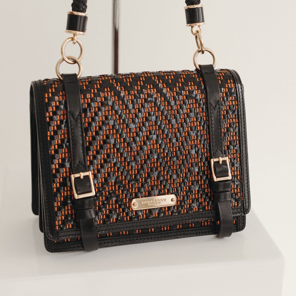 Burberry Prorsum Christie Shoulder Bag, Black and Orange Raffia and Patent Leath